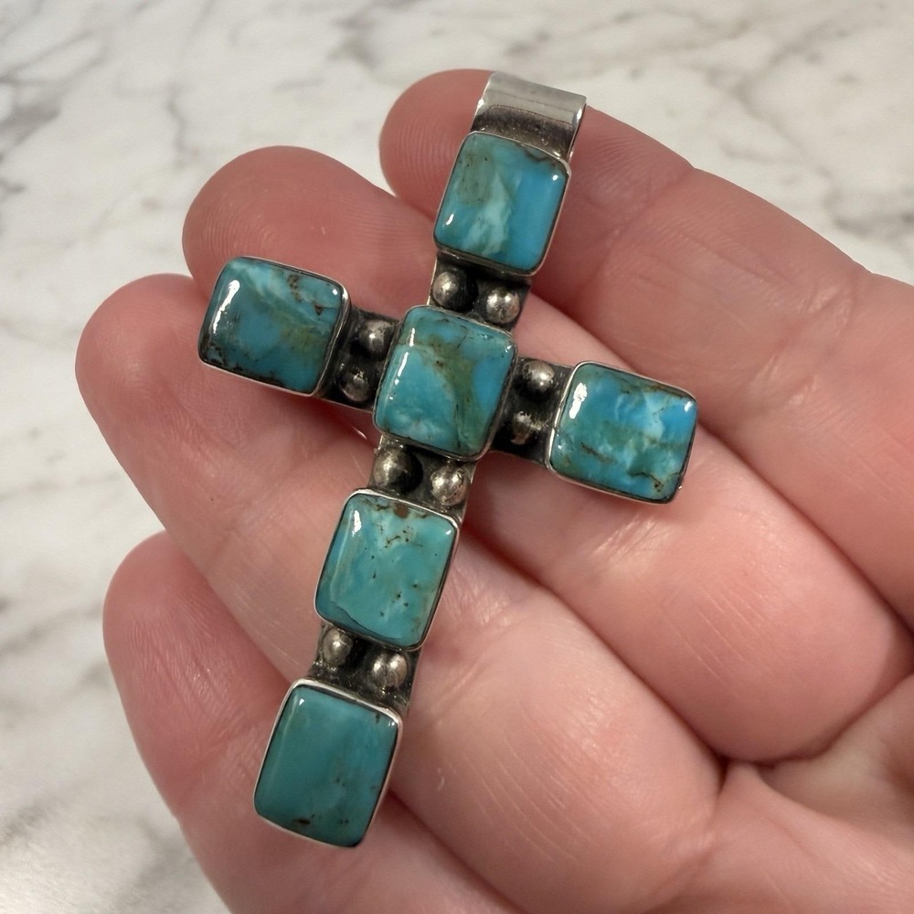 Sterling Silver Turquoise Cross Pendant Southwestern Chunky 11.5 grams 2" Long
